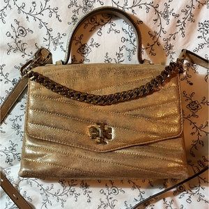 Tory Burch Kira Shoulder Bag Top Handle White Gold Metallic Leather